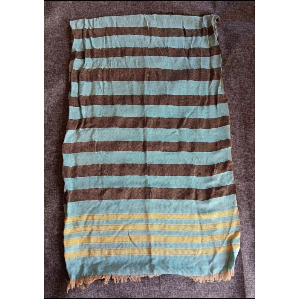 Scarf 70 By 22 Striped Brown Yellow Teal Green Fringed